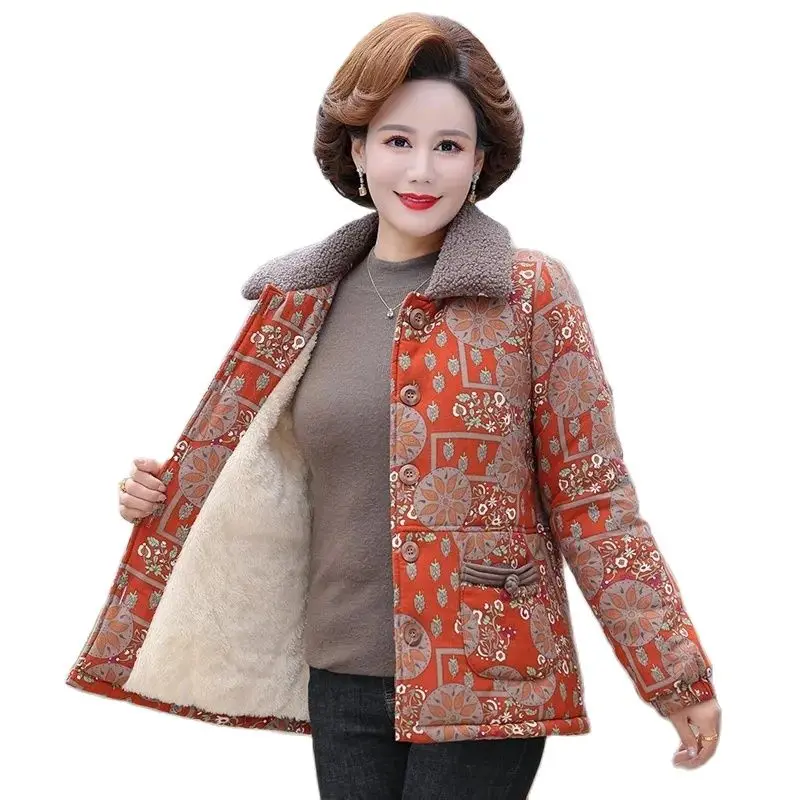 

Fashion Fleece Cotton-padded Clothes Women's Winter New Printing Style Lapels Middle-aged And Elderly Women's Large-size Coat .