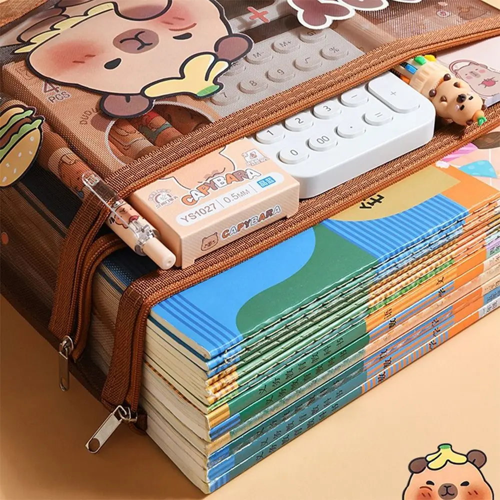 High Quality Mesh Capybara Bag A4/A5/A6 Double Layer Mesh Storage Bag Portable Dark Brown File Bag Back To School
