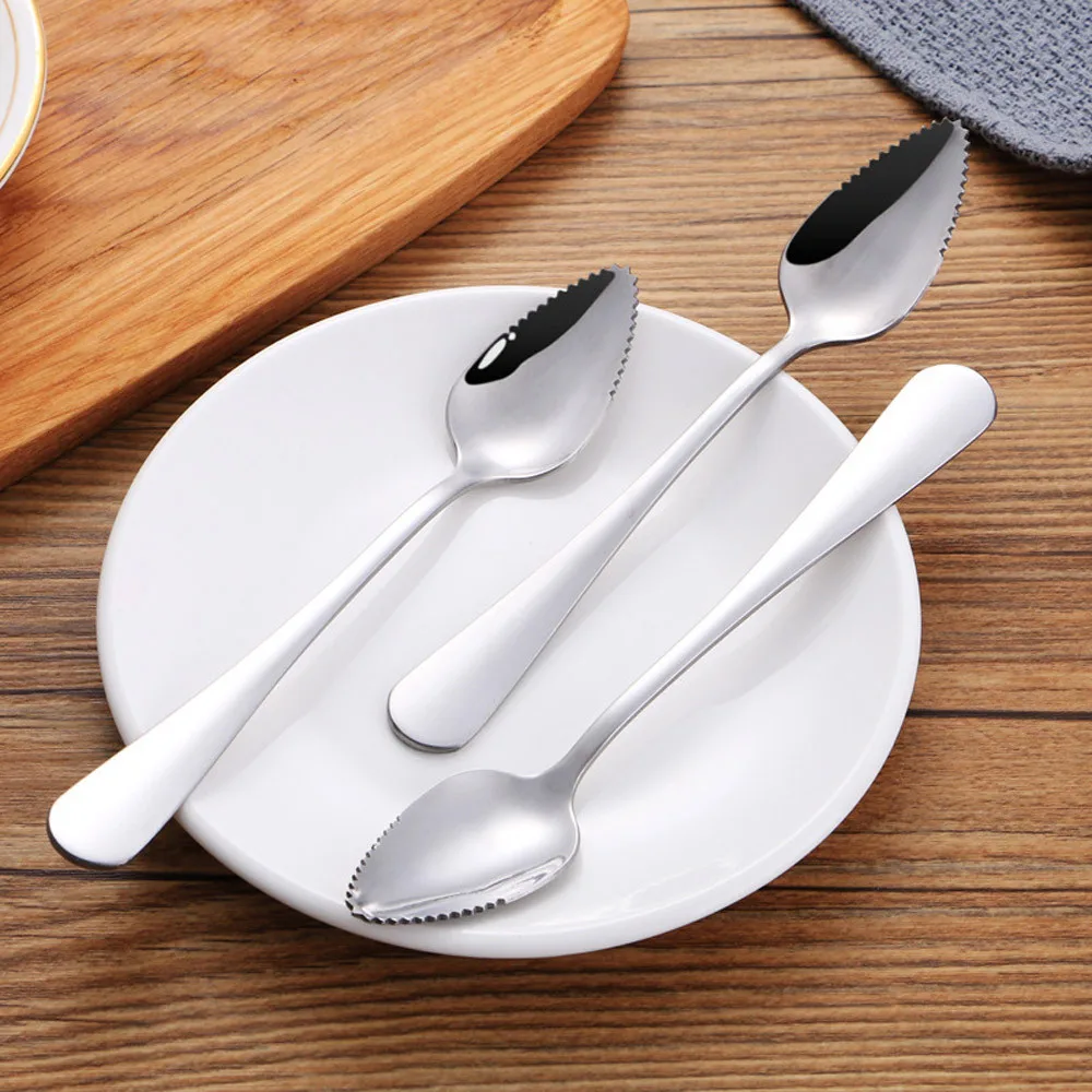 2PC Home Thick Stainless Steel Grapefruit Spoon Ice Cream Dessert Spoon Serrated Edge Fruit Coffee Stirring Spoons Tea Spoons