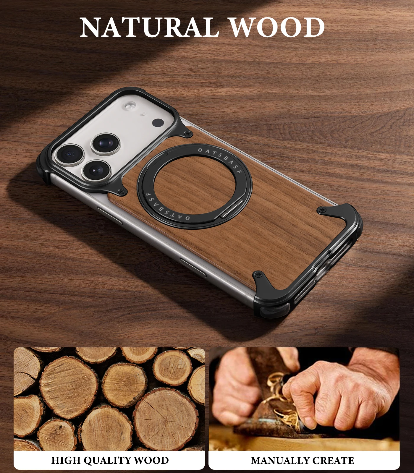 Eary Wooden Phone Case for iPhone 17 Pro Max 17 Pro for Magsafe Magnetic Stand 360°Rotatable Thicken Shockproof Protective Cover
