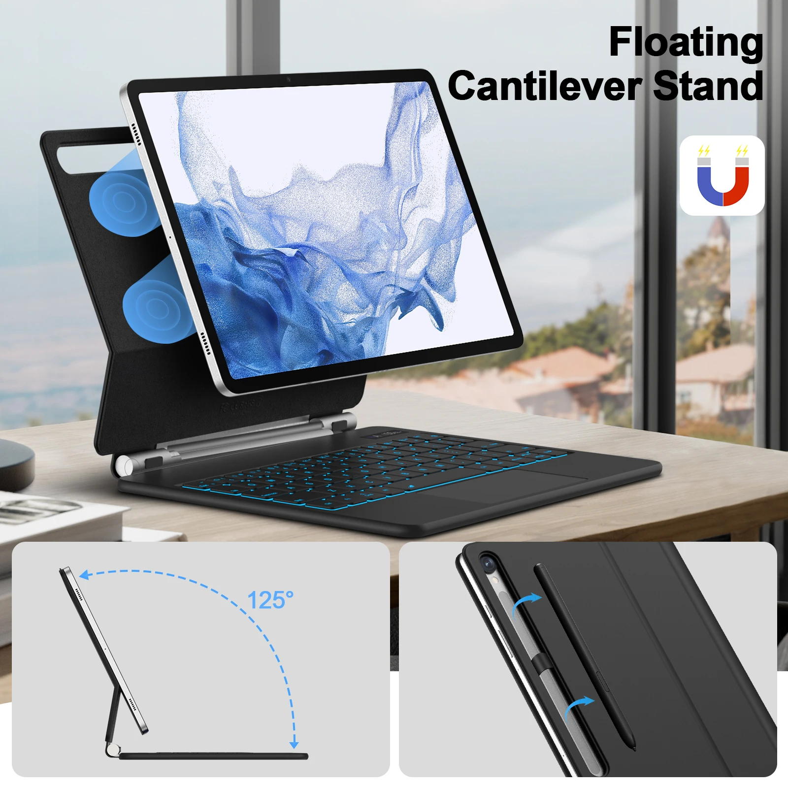 Teclado Mágico para Samsung Tab Multi-touch Trackpad Backlit s Pen Holder Cantilever Flutuante s9 fe s8 s7 - Imagem 4