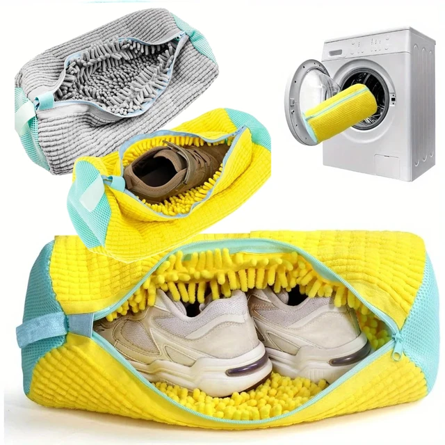 Sac de Machine à laver les chaussures Durable, 1 pièce, pour tous les Types de chaussures, jaune/gris, avec fermeture éclair pour baskets et chaussures décontractées, sac de lavage du linge 1