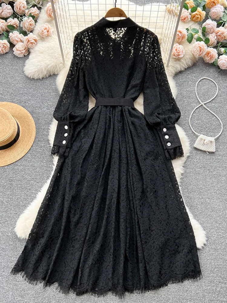 فستان الدانتيل للنساء أنيق الخصر طويلة الأكمام