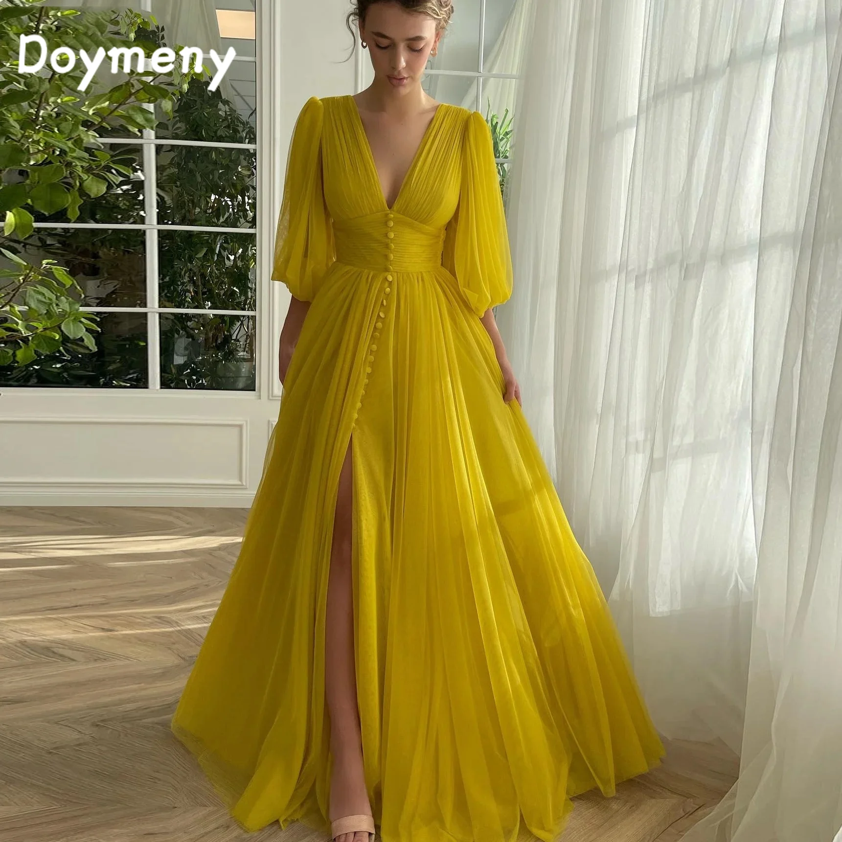 

Doymeny A Line Chiffon Slit Prom Dresses Deep V-Neck Half Sleeves Floor Length Women Formal Evening Gowns Buttons Party Dress