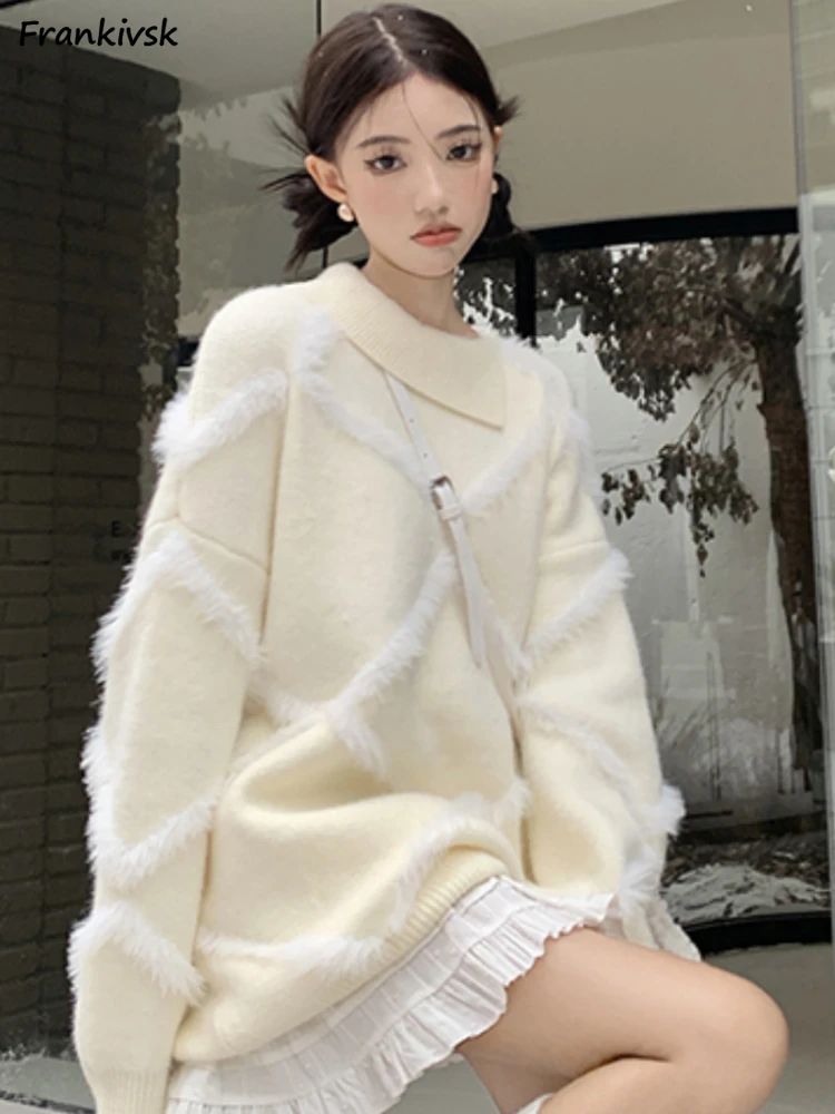 

Argyle Sweaters Women Flocking Slouchy Asymmetrical Long Sleeve Panelled Advanced Korean Commuting Style All-match Minimalist