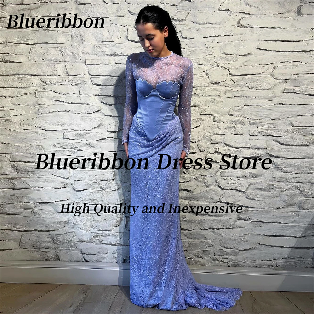 

Blueribbon Full Lace Prom Dresses 2024 Crew Neck Long Sleeves Evening Gowns Lace Up Corset Sexy Formal Party Bride Wear Dress