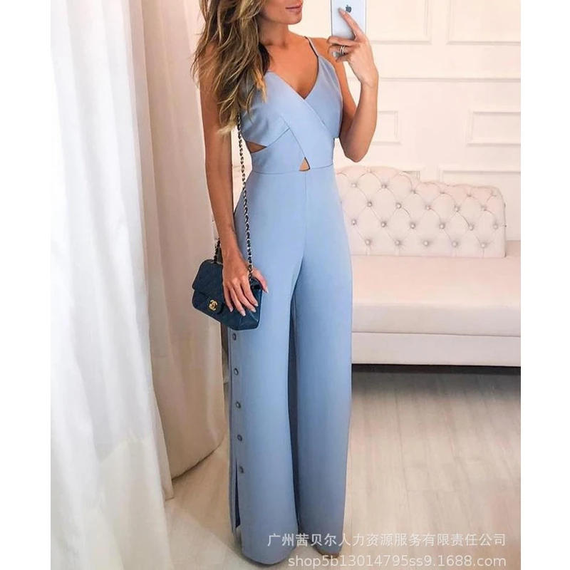 

Spring High Waist Hollow Out Summer Full Length Overall Pants Jumpsuits V Neck Women Sleeveless Jumpsuits