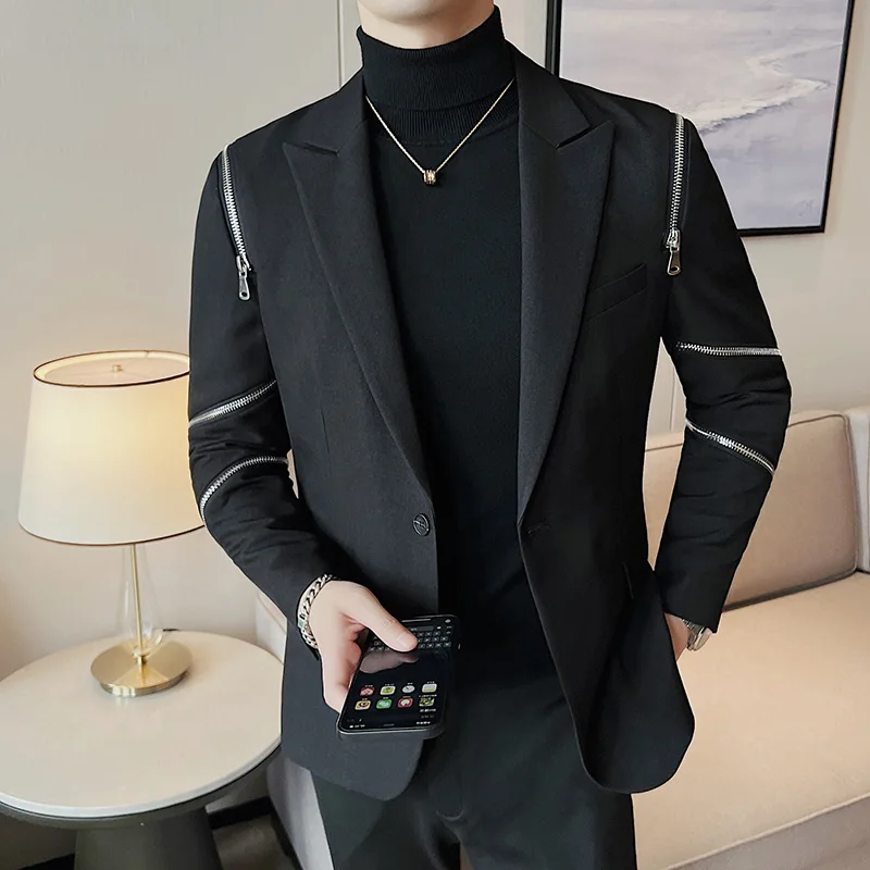 Men Slim Fit Casual Suit Jacket Wedding Business Dress Blazer Banquet Singer Stage Men Clothing Zipper Decoration Tuxedo