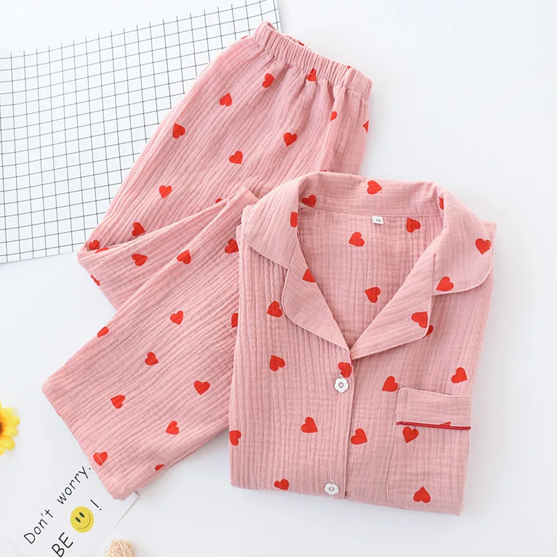 Spring New Sweet Kawaii Women's Pajamas Love Printing Cotton Sleepwear Thin Heart Colorful Homewear Soft Two Piece Set Nightwear