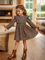 Robe décontractée pour filles avec imprimé léopard, manches longues, col goutte d'eau, petites manches bouffantes, plis à volants, tendance et simple, convient aux enfants de 3 à 10 ans, vêtements polyvalents pour diverses occasions estivales 1