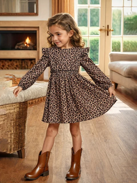 Robe décontractée pour filles avec imprimé léopard, manches longues, col goutte d'eau, petites manches bouffantes, plis à volants, tendance et simple, convient aux enfants de 3 à 10 ans, vêtements polyvalents pour diverses occasions estivales 1