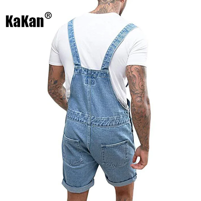 Kakan - European and American New Vintage Men's Denim Shorts, Perforated One Piece Workwear Strap Jeans K34-209