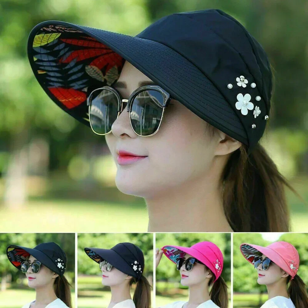 Casual Women Summer Wide Brim Sun Visor Hat Adjustable UV Protection Foldable Sport Empty Top Cap Beach Cap Fast Dry