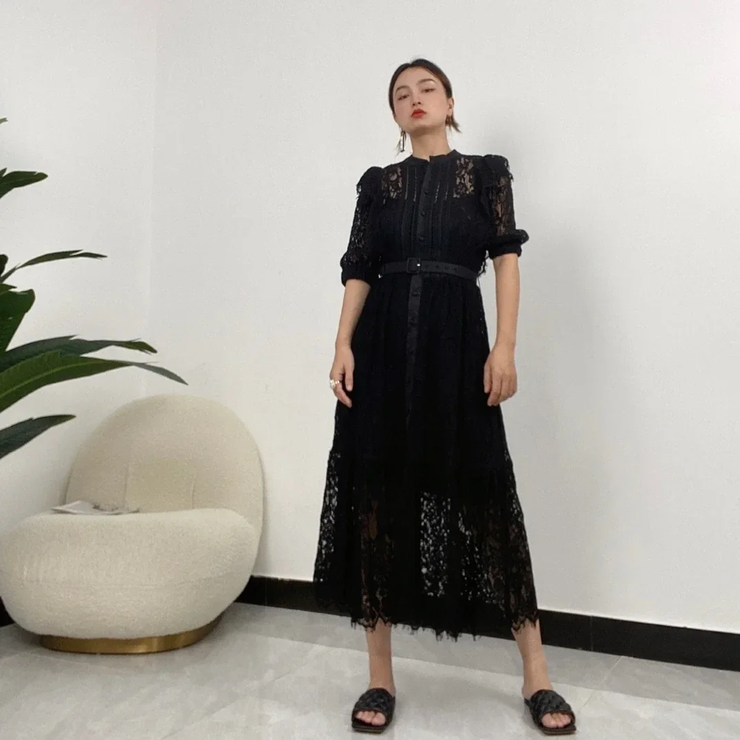 

2022 Spring Summer Women Elegant Solid White Black Hook Flower Hollow Out Short Sleeve Midi Dresses with Waist Belt