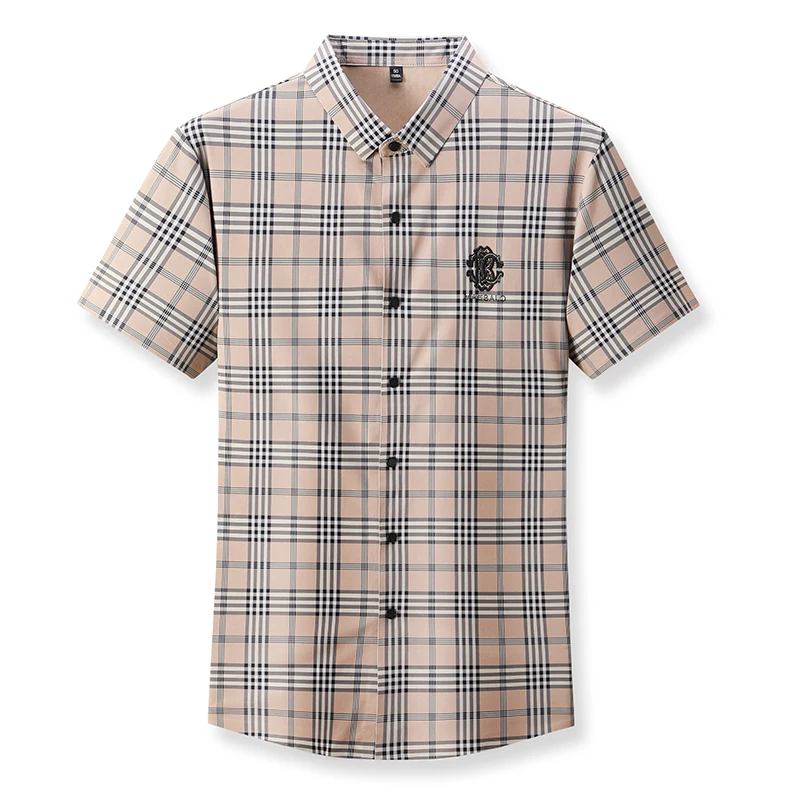 Men Ice Silk Shirt High-End Plaid Embroidery Diamond Trend Seamless Lapel Comfort No Iron Summer