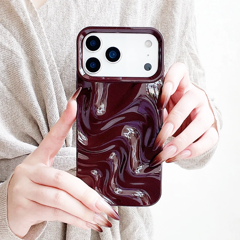 Elegant 3D Glossy Wine Red Wavy Texture Phone Case