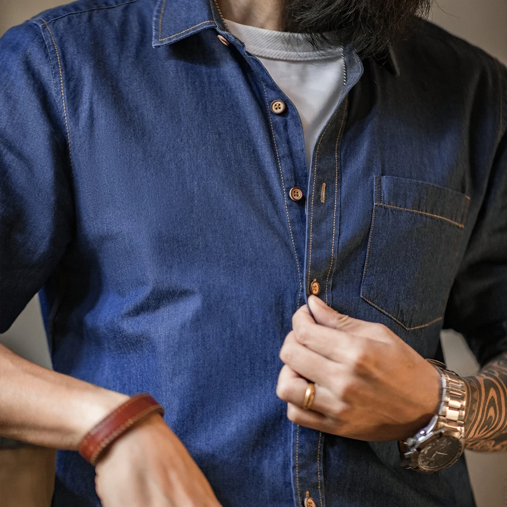 Maden Men Vintage Single Pocket Workwear Denim Shirt Long Sleeved Slim Fit Casual Shirt Single Breasted Turn-Down Collar Blouse denim shirt long sleeved shirt
