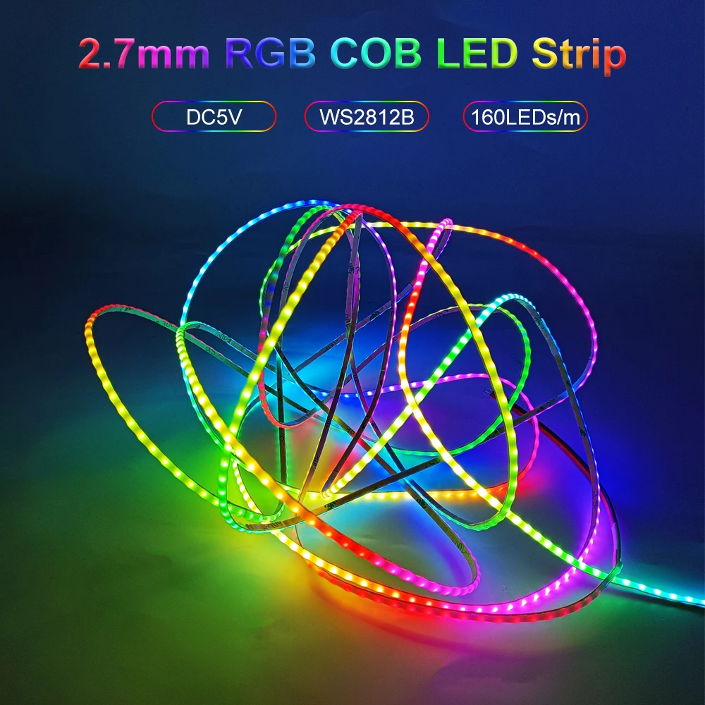 

WS2812B Ultra Narrow 2.7mm COB LED Strip Individually Addressable Flexible RGBIC Colorful Pixel Light 160Leds/M White PCB DC5V