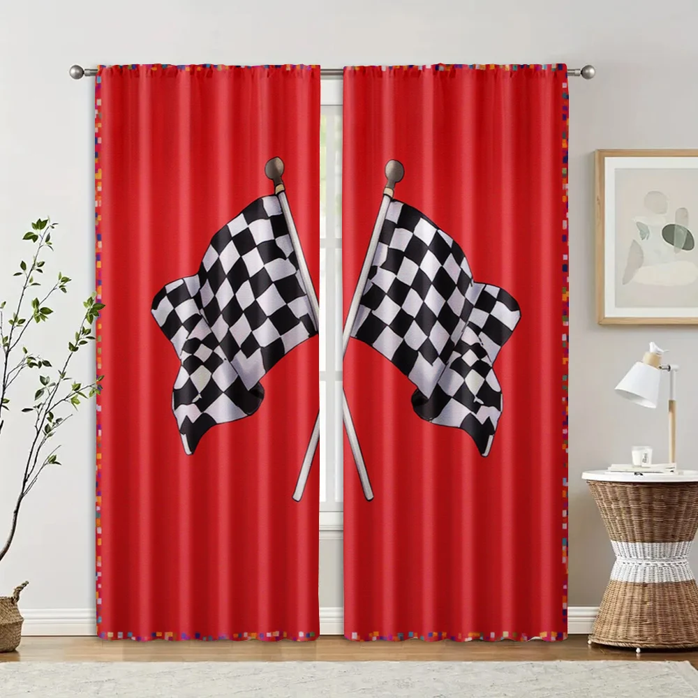 2pcs, Curtains Roller Blinds Race Flag Checkered Versatile Polyester (without rod) Decorations For Home Ldeal for Living Room, 2