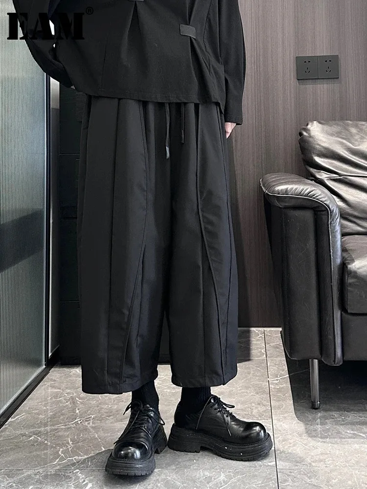 

[EAM] High Elastic Waist Black Pocket Shaped Wide Leg Casual Pants New Trousers Women Fashion Tide Spring Autumn 2024 1DH5086
