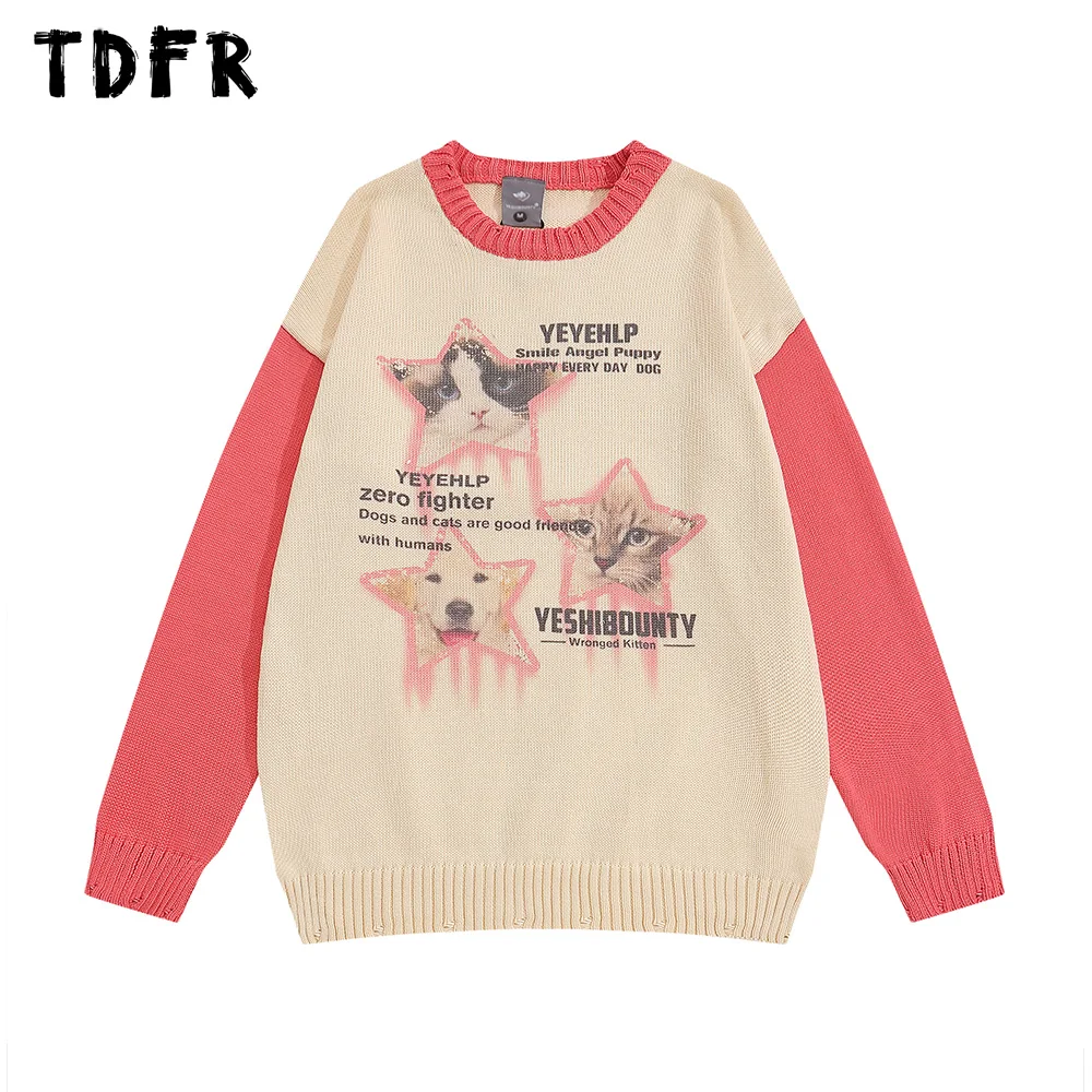 

Animal Print Contrast Paneled Sweater Mens Autumn Winter Retro Casual Loose Crew Neck Long Sleeve Knitted Pullover Men