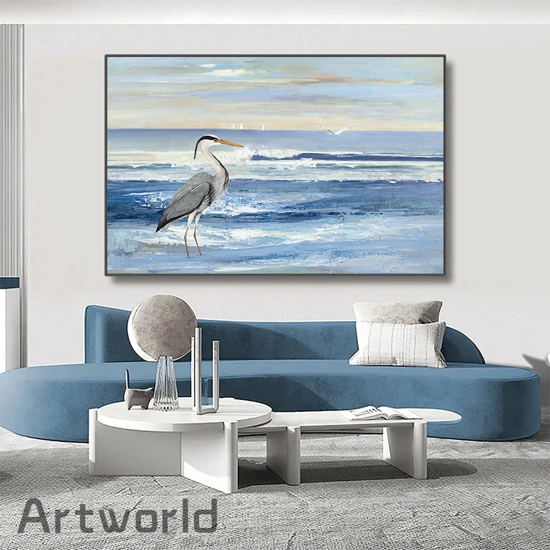 Seagulls and Sailboats Abstract Landscape Canvas Painting Nordic Wall