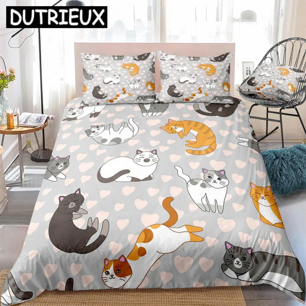 Cat Bedding Sets Pink Love Duvet Cover Set Queen Cartoon Bedclothes Animal Bed Set Pet Bed Linens 3pcs Bedding For Kids Dropship