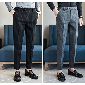 2025 Fall/winter High-end Light Luxury 23% Wool Suit Pants for Men, Brushed Fabric Vertical Stripe Fashion Men's Casual Trousers 1