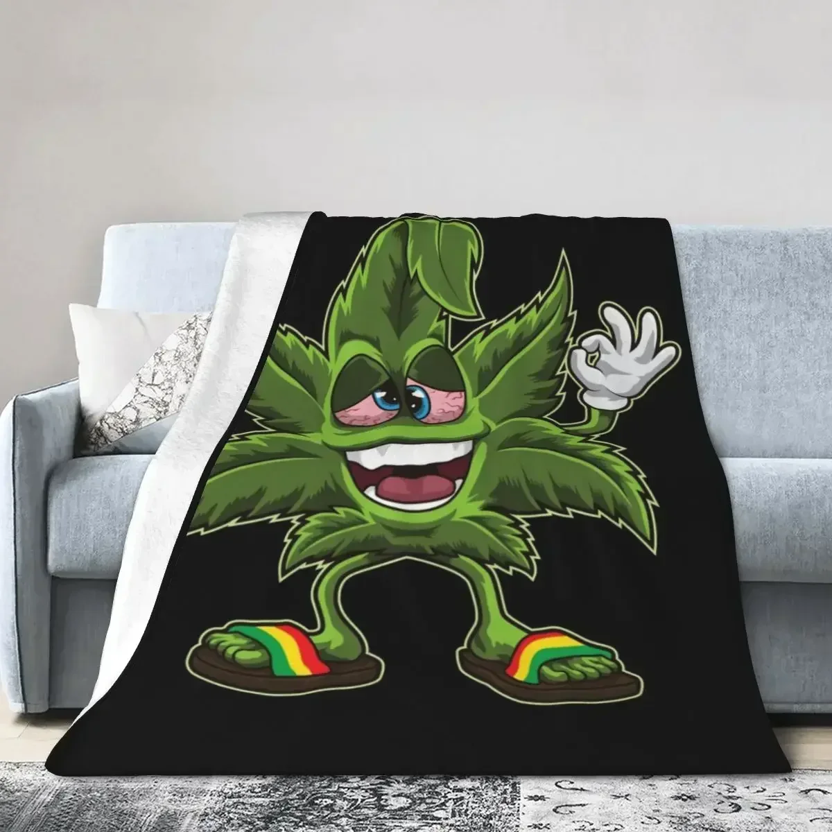 Stoned Leaf Weed Smoking Cartoon Blanket Soft Warm Flannel Throw Blanket Bedding for Bed Living room Travel Home Couch 2