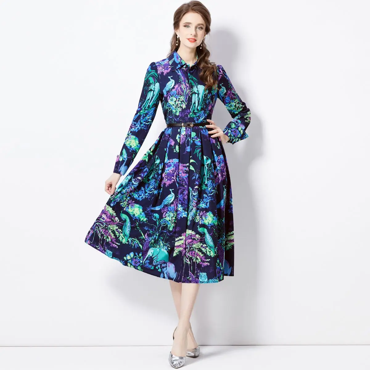 

High Quality Autumn Women's Long Sleeve Blue Floral Printed Shirt Dress Elegant OL Casual Mid-length One Piece Dress
