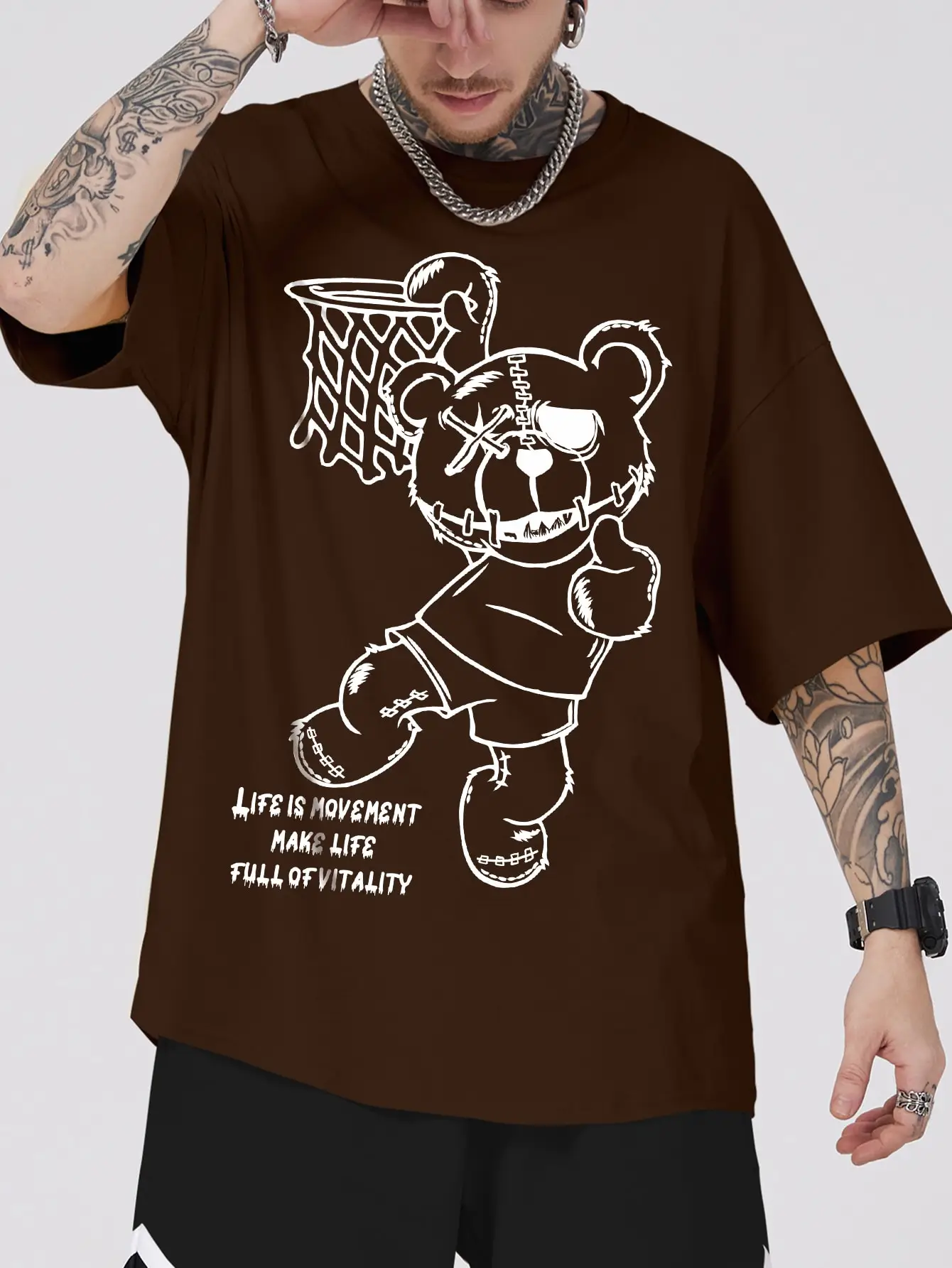 

Thumb Up Dunk Monster Bear Cartoon Pattern Short Sleeved Men O-Neck Cotton Tshirts Breathable Soft Clothes Creative Tee Shirts