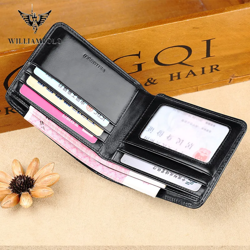 WILLIAMPOLO Genuine Leather Wallets Men Wallet Credit Business Card Holders Vintage Brown Leather Wallet Purses High Quality 4