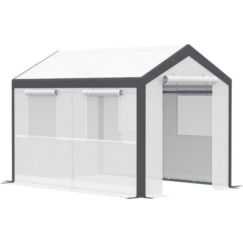 10' x 7' x 7' Greenhouse, Walk-in Outdoor Tunnel Green House with PE Cover, Steel Frame, 2 Roll-Up Zipper Doors & 4 Windows