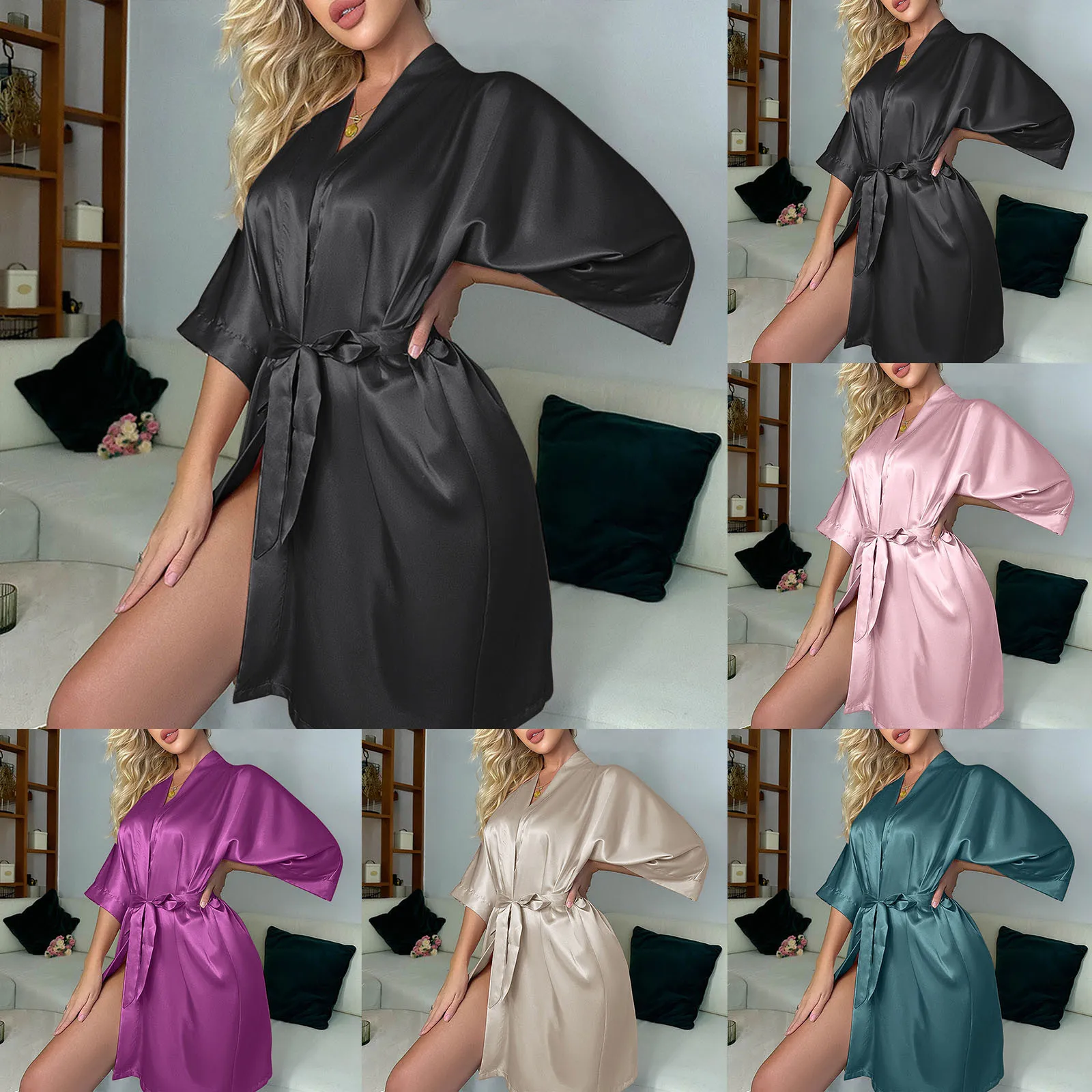 

Kimono Satin Pajamas Women'S Sexy Silk Nightgown Casual Thin Homewear Pajamas Simple Loose Long Women Cute Ear Warm Hooded Robe