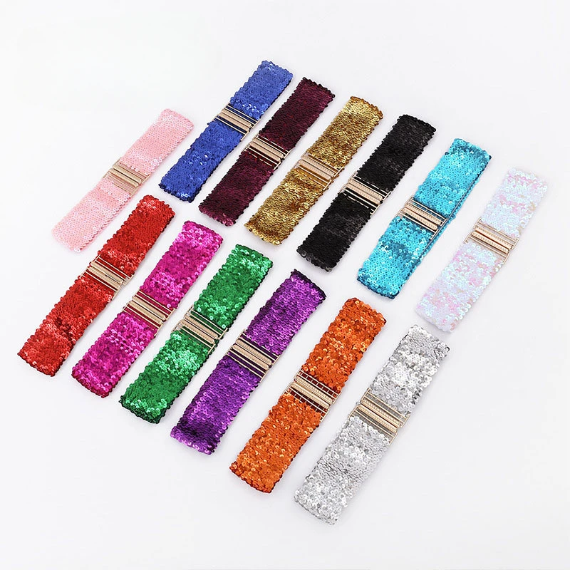 Sequin Elastic Glitter Belt Women's Corset Wide Waist Belt Metal Buckle Waistband Decorative Corset Strap Party Dress Accessorie