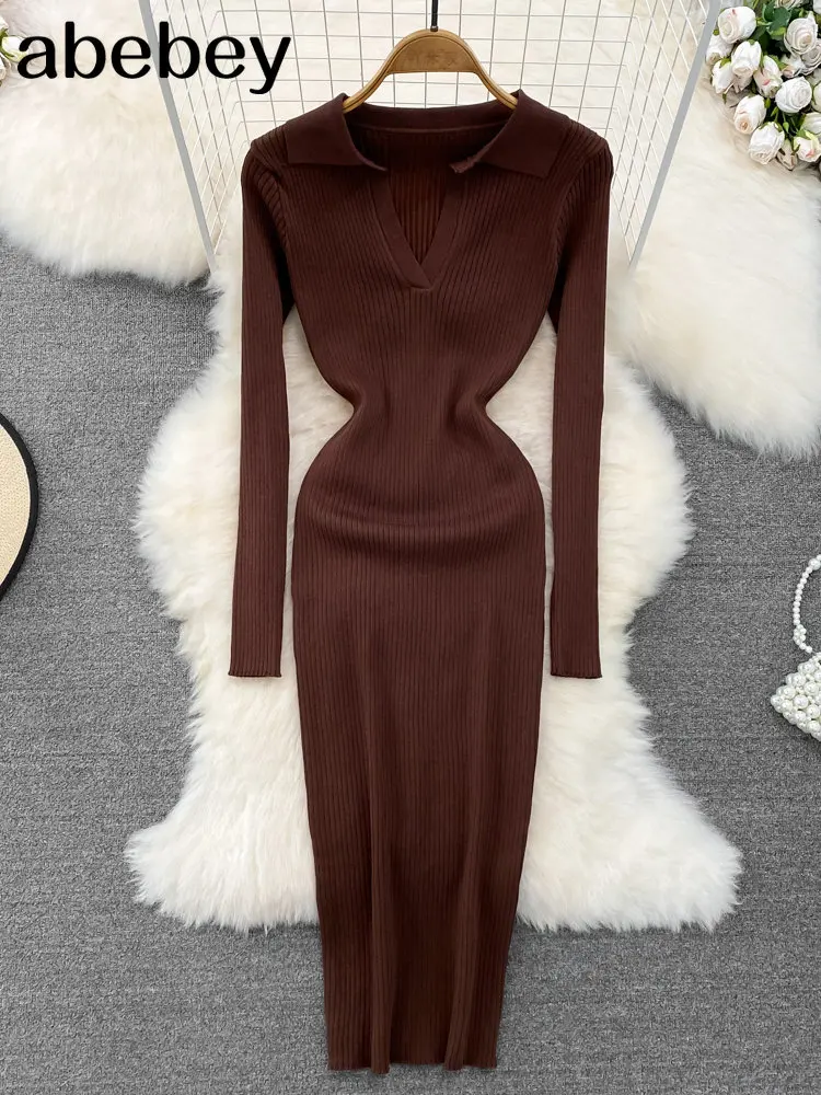 Women Korean Knitted Dress Long Sleeve V Neck Elastic Slim Pencil Dresses  2026 Autumn Sexy Bodycon Sweater Dress - AliExpress 200000345