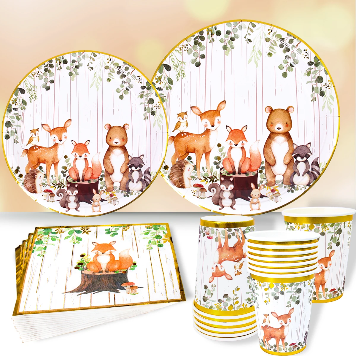 Woodland Jungle Animals Disposable Tableware Jungle Decor Safari Party Supplies 1st Birthday Party Decoration Kids Baby Shower