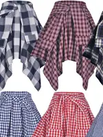 Elastic Waist Plaid Asymmetrical  Skirt Women's High Waist  Knot Sports Street Dance Sle ort Skirts - Image 4
