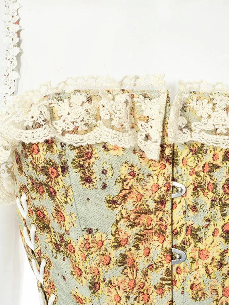 2022 Women Elegant French Vintage Floral Print Bandage Corset Top