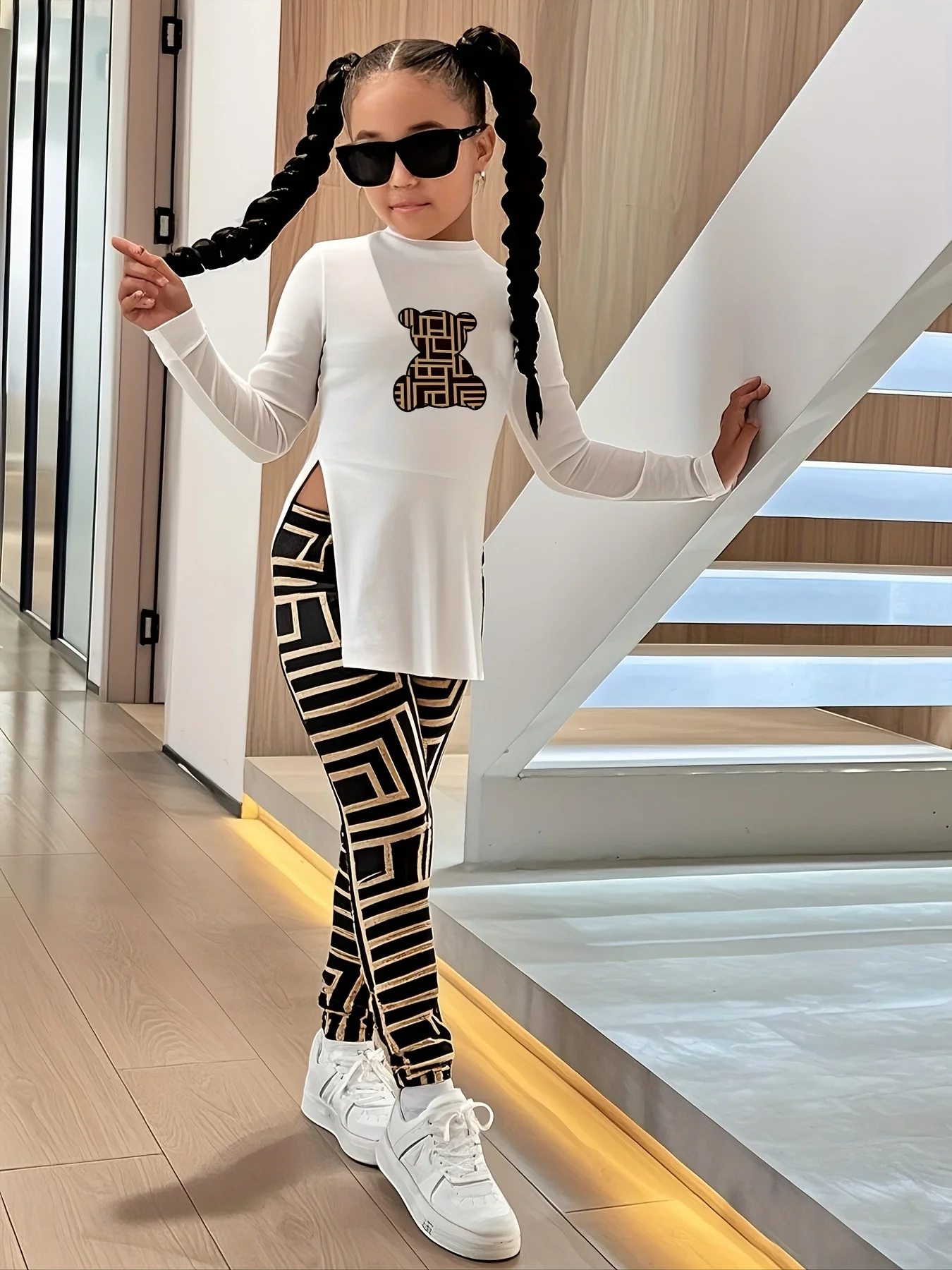 أطفال ملابس فتاة رياضية عادية طباعة محبوك كم طويل بلوزات ونمط هندسي طماق مجموعة فتاة للرياضة في الهواء الطلق عادية قطعتين