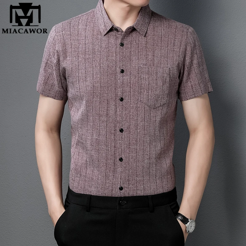 

2023 New Summer Linen Shirt Men Breathable Casual Short sleeve Striped Shirts Slim Fit Camisa Masculina Men Clothing C855