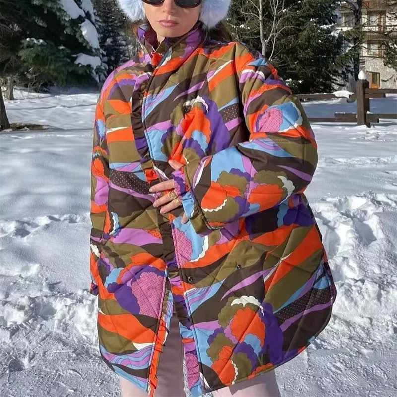 

Woman Vintage Red Geometric Print Long Jacket 2023 Autumn Female Fashion Loose Asymmetrical Jackets Girls Oversized Outwear