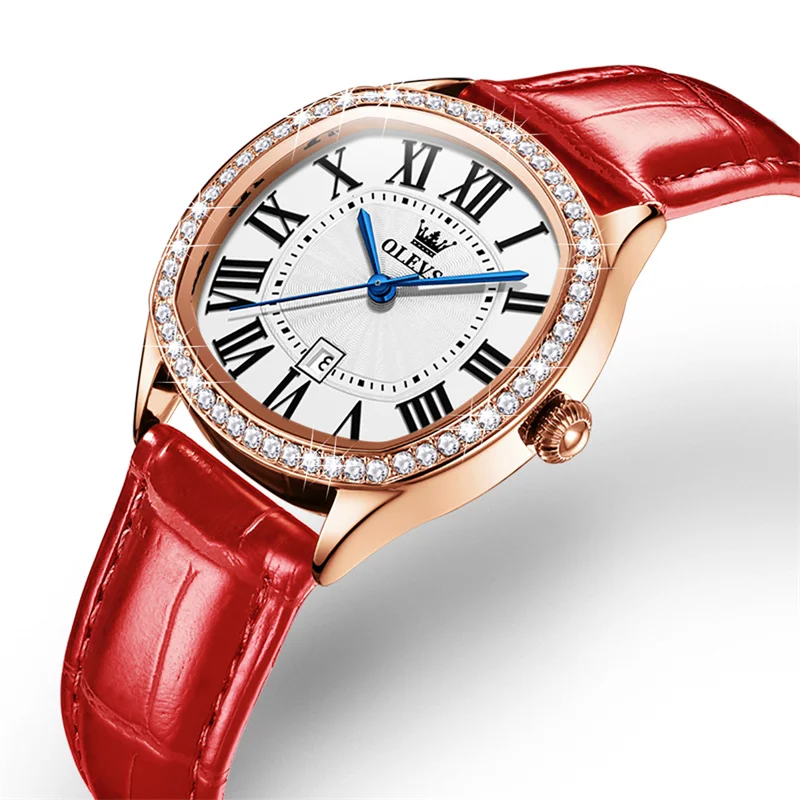 OLEVS Rose Gold Diamond Women Watches Ultra-thin Luxury Fashion Ladies Quartz Watch Roman Dial Red Leather Reloj Mujer New