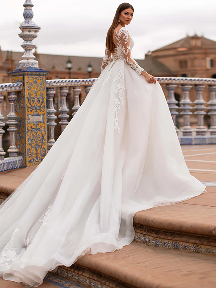 Elegant Wedding Dress Organza With Embroidery With Train Ball Gown O-neck Full Sleeve Vintage Lace Up Gowns Robes De Mariée