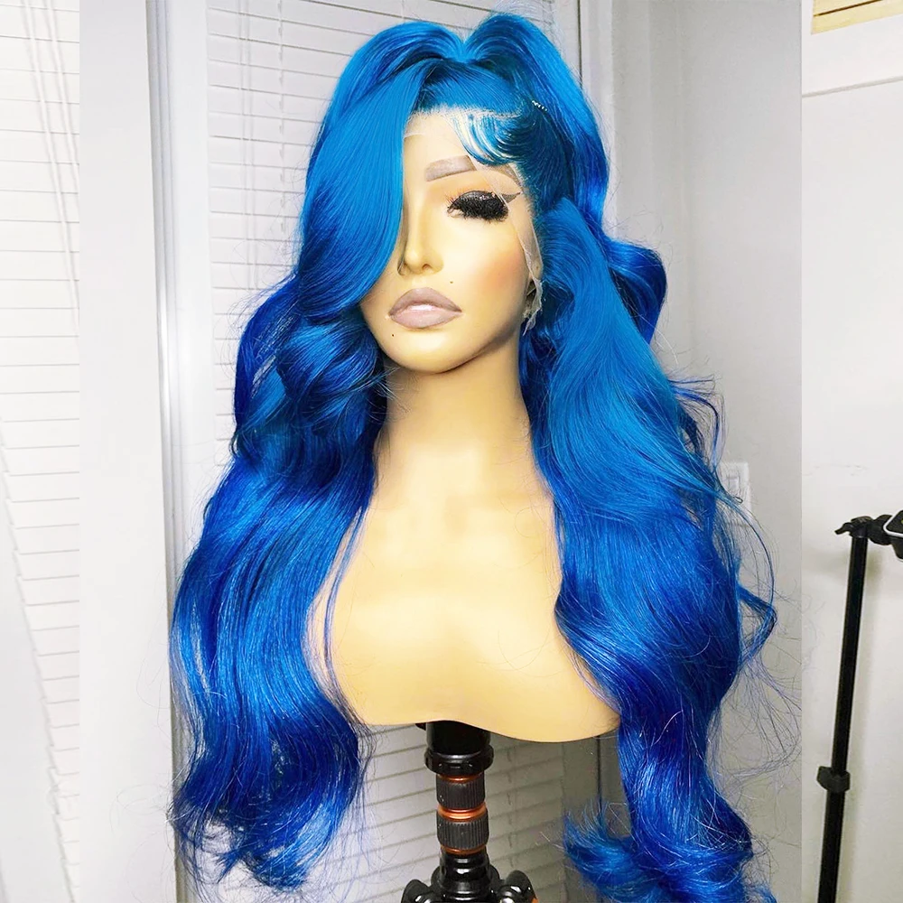 13x4 13x6 Transparent Lace Frontal Body Wave Human Hair Wig Blue Color Brazilian Remy Lace Front Human Hair Wigs for Women 250%