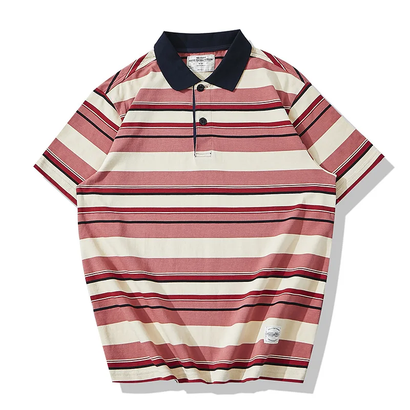 OKONKWO-Color Block Polo Collar Thick Striped T-Shirt, Heavyweight, Short Sleeve, Striped Tee, Outdoor Trekking, Travel Sports