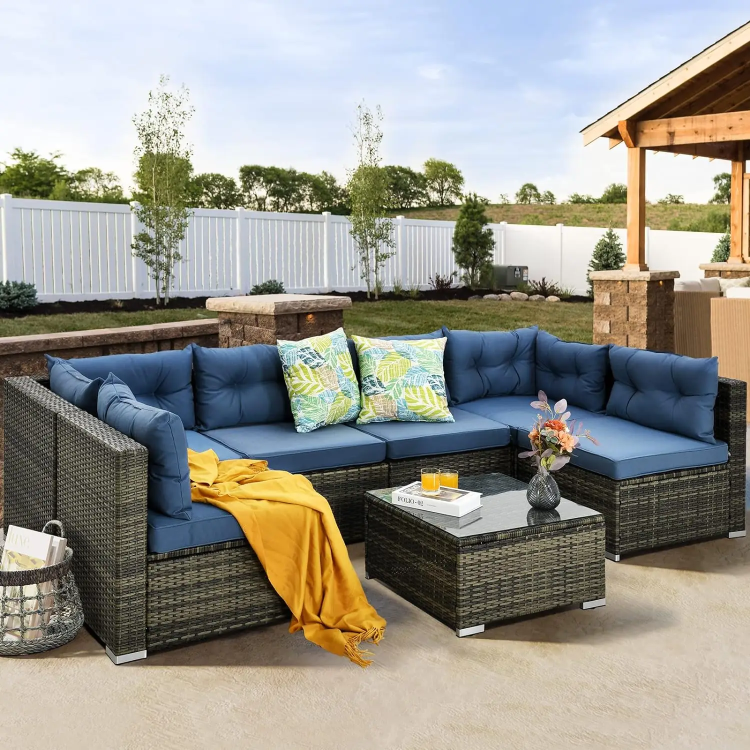 

7 Pieces Patio Furniture Set, All-Weather PE Rattan Outdoor Conversation Set, Wicker Outside Sectional Sofa Couch with Table