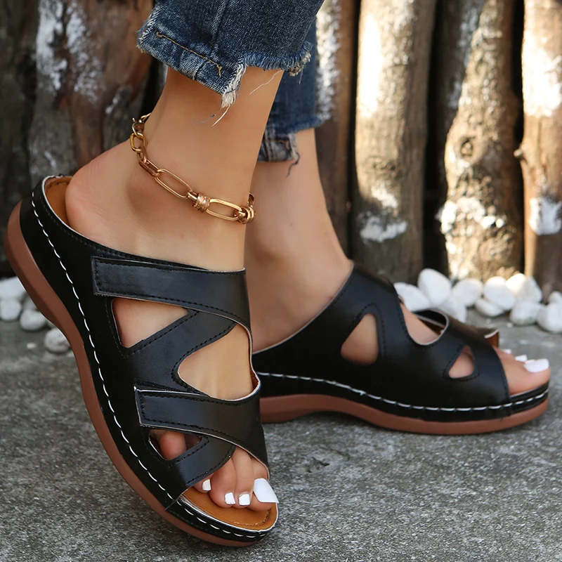 Retro Hollow Out Wedge Sandals Women Summer 2023 Non Slip Platform Outdoor Slippers Woman PU Leather Beach Flip Flops Plus Size