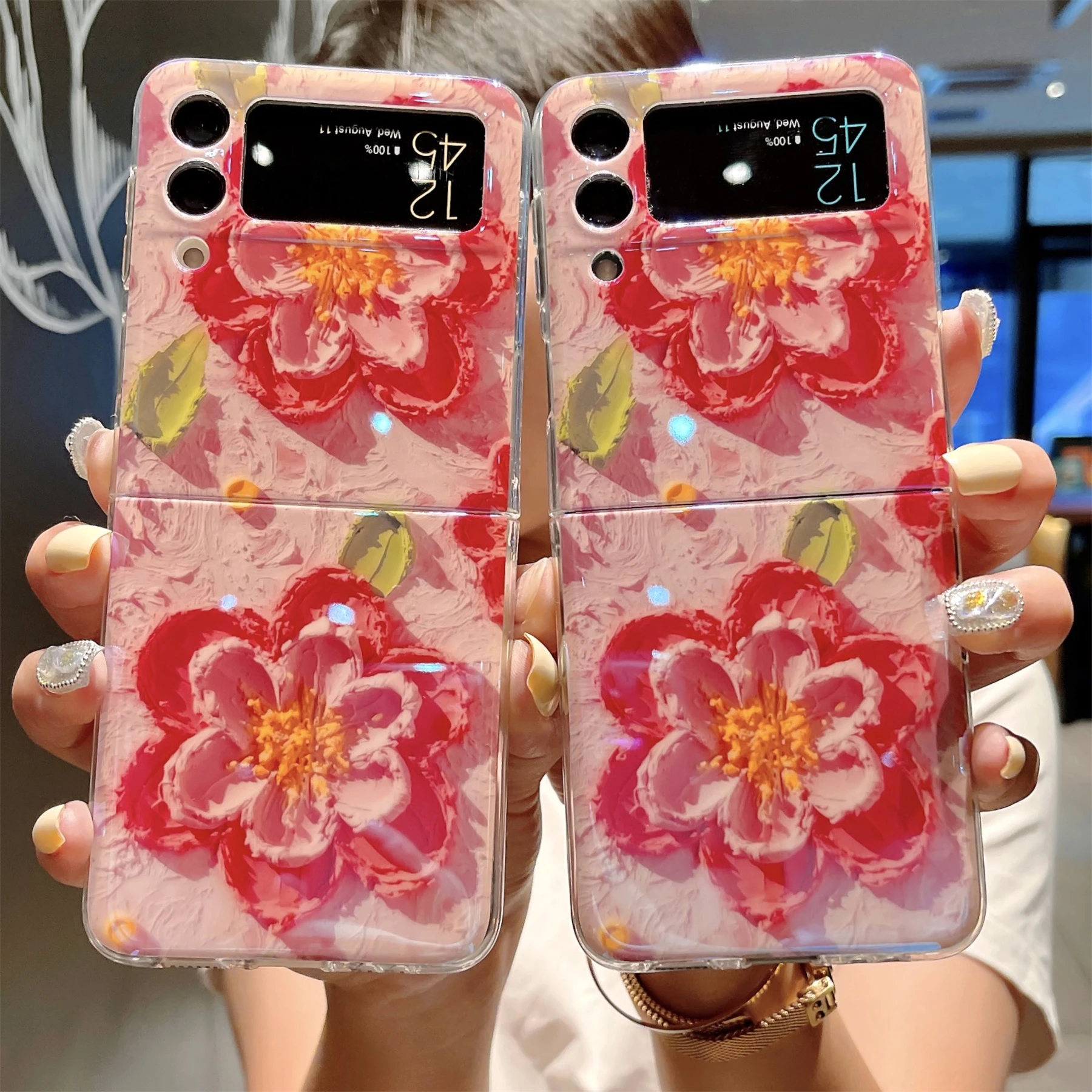 samsung flip3 case Luxury Korean Cute Oil Painting Pink Flower Phone Case for Samsung Galaxy Z Flip 3 5G Z Flip3 Zflip3 Shockproof Back Cover galaxy z flip3 phone case