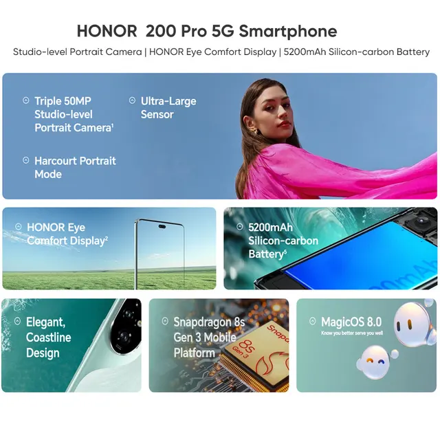 Глобальная версия 2024 HONOR 200 Pro Snapdragon 8s Gen 3 5G Смартфон 6,78 дюйма 120 Гц AMOLED-дисплей Поддержка HONOR 100 Вт SuperCharge 2
